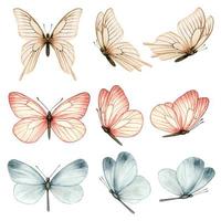 bela coleção de borboletas em aquarela em diferentes posições vetor