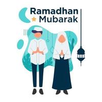 ramadhan mubarak com design plano personagens menino e menina muçulmana ilustração vetorial modelo de fundo vetor