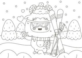 engraçado coloração página com fofa yeti personagem esquiar, inverno feriados esporte atividade vetor