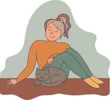 jovem mulher é em repouso perto dela dormindo gato. menina sentado com uma gato. mão desenhado arte dentro pálido cores vetor
