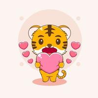 desenho animado ilustração do fofa tigre abraçando coração amor placa vetor