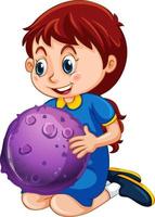 personagem de desenho animado de garota feliz segurando um modelo de planeta vetor