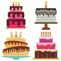 conjunto do quatro doce aniversário bolo com queimando velas. colorida feriado sobremesa. vetor celebração fundo.