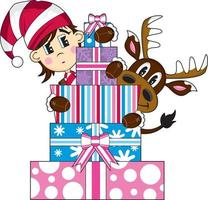 desenho animado Natal duende e rena com presentes vetor