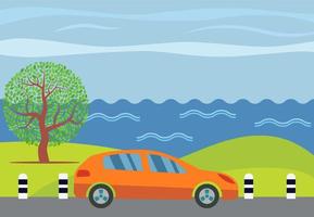 carro laranja na estrada tendo como pano de fundo o mar e a árvore verde. ilustração vetorial. vetor