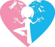 fofa desenho animado ioga menina com libélulas dentro coração ilustração vetor
