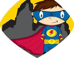 desenho animado mascarado heróico Super heroi personagem dentro escudo com arranha-céus vetor