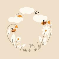 crianças circular quadro, Armação com flores, natureza, nuvens, abelhas. vetor ilustração dentro plano estilo
