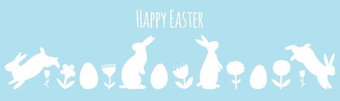 feliz Páscoa bandeira com mão desenhado coelhos, Páscoa ovos, flores vetor ilustração do animais e plantar silhuetas dentro folk estilo