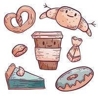 fofa vetor rabisco ilustração. isolado objetos em uma branco fundo. café dentro uma plástico copo e pastelaria, rosquinha, croissant, pretzel, fatia do bolo e doce. Projeto elementos