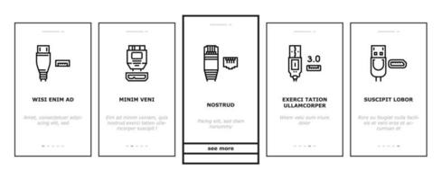 USB cabo e porta compras onboarding ícones conjunto vetor