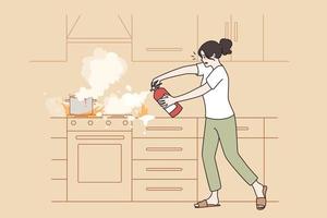 impedindo cozinha fogo e chama conceito. jovem frustrado mulher em pé com fogo extintor dentro mãos extintor usando colocando para fogo em prato vetor ilustração