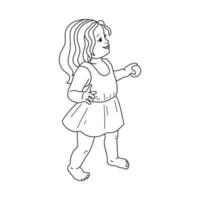 silhueta do uma pequeno menina em uma branco fundo. coloração do contorno bebê adesivos. para pré escola, Jardim da infância, crianças e adultos. monocromático vetor ilustração.
