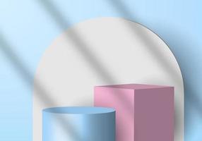 Cilindro azul de fundo de cena mínima 3D e cubo rosa, pano de fundo de círculo branco com sombra. vetor