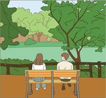 a vista traseira de um homem e uma mulher sentados em um banco do parque. vetor