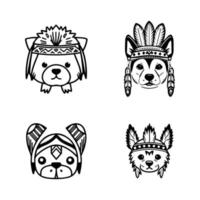 uma conjunto do fofa kawaii animê cachorro cabeças vestindo indiano chefe acessórios, retratado dentro mão desenhado linha arte ilustrações vetor
