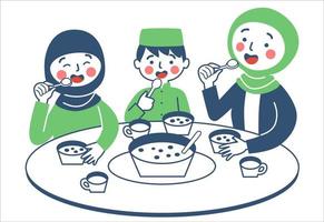 muçulmano família é comendo juntos às a jantar mesa vetor