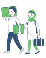 muçulmano estão retornando para seus cidade natal de carregando caixa e saco para comemoro eid al - fitr vetor