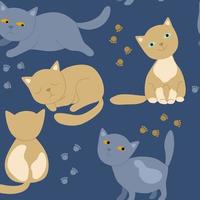 desatado padronizar com desenho animado azul e bege gatos. fofa crianças padronizar em uma azul fundo. vetor ilustração para invólucro papel, papel de parede, tecido, presente decoração, fundos, invólucro papel.