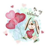 cartão de dia dos namorados com uma coelhinha engraçada com balões e um coração. seja meu namorado. vetor. vetor
