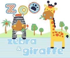 engraçado zebra com girafa dentro a jardim zoológico, vetor desenho animado ilustração