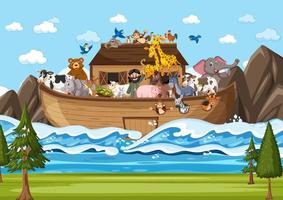 arca de noé flutuando com muitos animais na cena do oceano vetor
