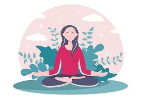 as práticas de ioga ou meditação visam a benefícios para a saúde do corpo para controlar pensamentos, emoções, início e busca de idéias. ilustração em vetor design plano