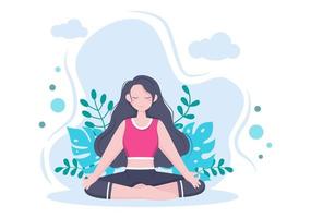 as práticas de ioga ou meditação visam a benefícios para a saúde do corpo para controlar pensamentos, emoções, início e busca de idéias. ilustração em vetor design plano