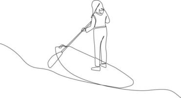 contínuo uma linha desenhando menina é prancha de surfe remo dentro a lago. experiencial dentro viajante conceito. solteiro linha desenhando Projeto gráfico vetor ilustração
