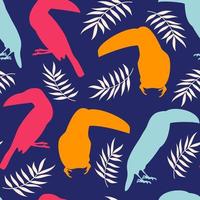 fofa colorida mão desenhado tucano pássaros e folhas desatado vetor padronizar ilustração em azul fundo