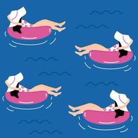 fofa adorável desatado vetor padronizar fundo ilustração com menina natação em Rosa inflável