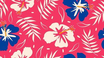 fofa colorida desatado vetor padronizar ilustração com hibisco flores e folhas em vibrante Rosa fundo