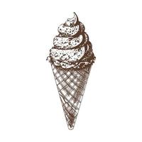 uma desenhado à mão esboço do uma waffle cone com congeladas iogurte ou suave gelo creme. vintage ilustração. elemento para a Projeto do rótulos, embalagem e cartões postais. vetor