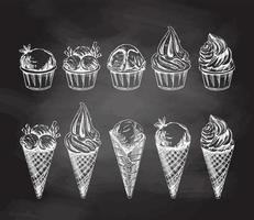 uma desenhado à mão esboço do uma waffle cones e gelo creme bolas, congeladas iogurte ou bolos de copo dentro copos isolado em quadro-negro fundo. vintage ilustração. definir. vetor