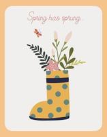 fofa Primavera cartão com borracha bota com flores vetor