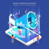 trabalho em equipe de marketing digital isométrico vetor