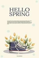 Primavera poster, folheto, com tênis e tulipas. minimalista e na moda Projeto. adequado para imprimir, social meios de comunicação, anúncio. vetor