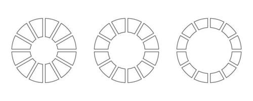 rodas volta dividido dentro doze Seções. diagramas infográfico definir. círculo seção gráfico linha arte. torta gráfico ícones. esboço rosquinha gráficos ou tortas segmentado em 12 igual peças. treinamento roda vida em branco.