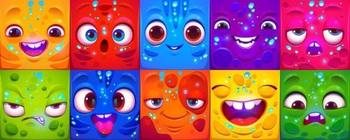 desenho animado conjunto do fofa quadrado emoji com emoções vetor