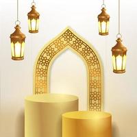 Expositor de palco vazio para o ramadã com lanterna e porta padrão de mesquita vetor
