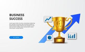 conceito de crescimento de negócios de sucesso com gráfico e troféu realista dourado 3d para apresentação de banner. vetor