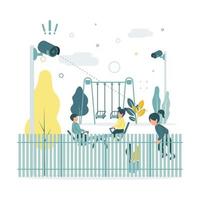 cctv. vetor ilustração do crianças oscilante em uma balanço às a Parque infantil dentro Jardim da infância, vídeo vigilância máquinas fotográficas estão filmando Como uma menina tentativas para escalar Fora do a cerca.