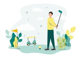 golfe ilustração. uma homem com uma bastão carrinhos perto a bola em uma ficar de pé e uma cesta com bolas, em uma golfe curso uma mastro de bandeira com uma bandeira, árvores, uma golfe carrinho, contra uma fundo do árvores vetor