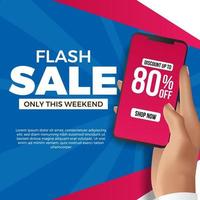 mão segurando o telefone para modelo de mídia social de venda flash. promoção de marketing de publicidade para produto com desconto no comércio com fundo azul e magenta vetor