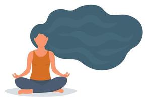 uma mulher é sentado dentro uma lótus posição, fazendo ioga, meditando. uma lindo abstrato menina com grandes fluindo cabelo. vetor gráficos.