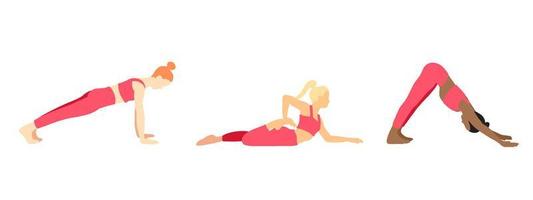 flexibilidade ioga poses coleção. europeu, africano, ásia fêmea, senhora, mulher, garota. pilates, mental saúde, treinamento, academia. vetor ilustração dentro desenho animado plano estilo isolado em branco fundo.