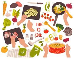 cozinhando sopa. uma conjunto com cozinhando estágios, vegetais, pratos e ingredientes. mulheres mãos. vetor ilustração