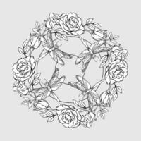 floral mandala com libélulas e rosas. coloração página. vetor ilustração.