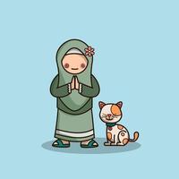 fofa sorridente muçulmano menina a comemorar eid Mubarak com uma gato vetor ilustração.