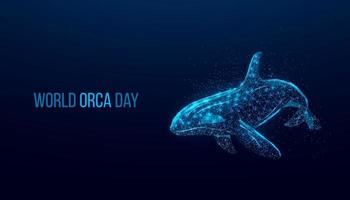 mundo orca dia. estrutura de arame brilhando baixo poli orca baleia. Projeto em Sombrio azul fundo. abstrato futurista vetor ilustração
